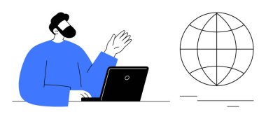 Küresel bir ağ sembolünün yakınındaki bir dizüstü bilgisayarda çalışan kişi. İşbirliği, teknoloji, iletişim, ağ, iş, eğitim, küresel takım çalışması için ideal, basit düz metafor