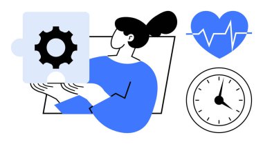 Kadının elindeki bulmaca parçası problem çözmeyi ve verimliliği simgeliyor. Sağlık ve sağlık için kalp atışı ikonu, zaman yönetimi için saat. Üretkenlik, takım çalışması, sağlık ve odaklanma için ideal