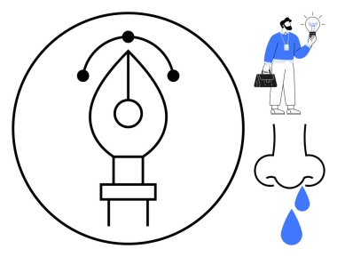 Tasarım konsepti için birbirine bağlı noktaları olan kalem aracı, fikir sahibi iş adamı ve ağlayan burun. Yaratıcılık, düşünme, duygu, iletişim, markalaşma, yenilik sektörü için ideal