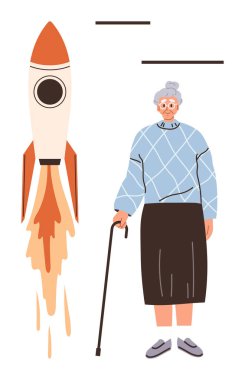 Ateşli bir roketin yanında baston tutan yaşlı kadın yaş ve hırsı birleştiriyor. Yenilik, büyüme, güçlenme, kontrastlık, yaşlanma, arzu dönüşümü için idealdir. Basit düz