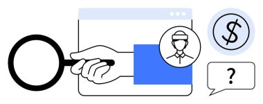 Tarayıcı üzerinde büyüteç, kullanıcı profili avatarı, dolar işareti ve soru işaretli konuşma balonu. Finans, müşteri analizi, araştırma, karar verme ve denetleme için idealdir.