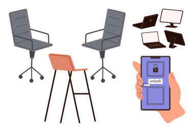 Ofis sandalyeleri, masaüstü bilgisayarlar, dizüstü bilgisayarlar ve dijital bir kapının kilidini açan telefon dahil modern cihazlar. Teknoloji, uzaktan çalışma, çalışma alanı, bağlantı, akıllı cihazlar güvenlik ve işbirliği için ideal