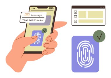 Parmak izi tarayıcılı akıllı telefon, doğrulama kodu ve tamamlanmış kontrol listesi. Güvenlik, kimlik doğrulama, gizlilik, kimlik, teknoloji, dijital güvenlik şifreleri için ideal