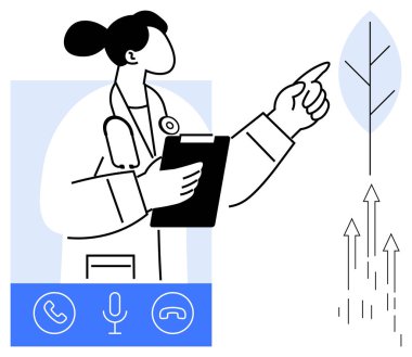 Elinde not panosu olan doktor, yükselen oklarla çevrili, sağlık ve büyümeyi simgeleyen büyüyen bir yaprağa işaret ediyor. Dijital arama arayüzü simgeleri sanal konsültasyon öneriyor. Sağlık ve yenilik için ideal
