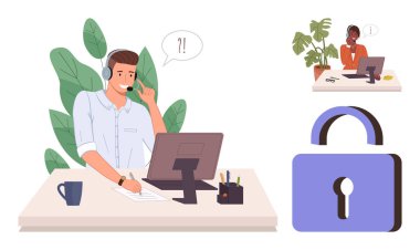 Çağrı merkezi ajanları, masalarında bitki ve kahve bulunan kulaklıklar kullanarak iletişimi, uzaktan çalışmayı ve siber güvenliği sembolize ediyorlar. Müşteri desteği, takım çalışması, mahremiyet, çevrimiçi hizmetler için ideal