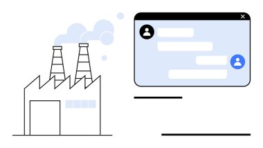 Sohbet arayüzü penceresinin yanında boru yayan bir fabrika yapısı. Endüstri için ideal, dijital dönüşüm, iletişim, yenilik, imalat, iş süreçleri, basit iniş sayfası