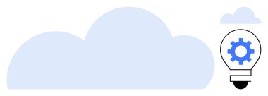 Teknolojiyi, fikirleri ve yeniliği sembolize eden bir dişli ikonu içeren büyük bulut şekli. Bulut hesaplama, yenilik, takım çalışması, teknoloji, yaratıcılık için ideal, strateji basit düz