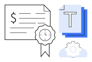 Finans, sertifika, zaman verimliliği, belge yönetimi, verimlilik, verimlilik, eğitim ve basit bir iniş sayfasını sembolize eden kurdele, metin belgeleri ve dişli simgesi sertifikası