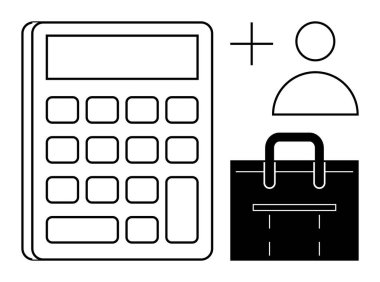 Bir evrak çantasının yanında hesap makinesi ve kullanıcı, finans yönetimi, iş dünyası ve takım çalışmasının görsel unsurlarını ekler. Muhasebe, verimlilik, girişimcilik, para, kariyer, planlama için ideal