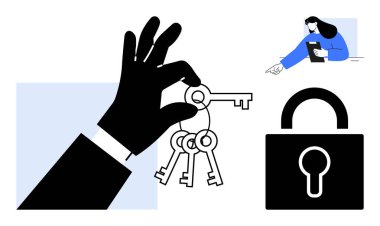 Elinde birden fazla anahtar, bir kilit simgesi ve erişim kontrolü, siber güvenlik, karar verme mekanizması, varlık güvenliği, veri yönetimi, gizlilik ve basit bir iniş sayfası öneren bir kadın var.