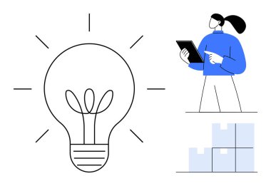 Elinde fikirlere işaret eden tablet tutan kadın, yeniliği temsil eden ampul, düzgünce istiflenmiş kutular. İş için ideal, envanter yönetimi, yaratıcı strateji, organizasyon, e-ticaret, planlama