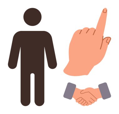 İnsan silueti, yukarı doğru uzanan bir el hareketi, ve birlikte tokalaşma anlaşmaları, etkileşimler, talimatlar, ortaklık, takım çalışması, işbirliği iletişimi. İşyeri eğitimi için ideal