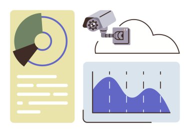 Turta şeması, güvenlik kamerası, bulut depolama ve veri izleme, bulut teknolojisi ve güvenlik yönetimini gösteren çizelge. Analiz için ideal, bulut depolama, güvenlik izleme
