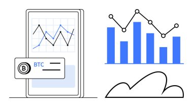 Mobil ekranda şifreli para birimi BTC izleme, çizgi ve çubuk grafikleri, trendleri görselleştirme ve bir bulut ögesi gösteriliyor. Finans, veri, kripto para birimi, mobil uygulamalar, bulut hesaplama, ticaret için ideal