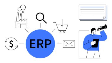 Ana iş simgeleriyle çevrili dairesel ERP sistemi fabrikayı, büyüteç, alışveriş arabası, dolar döngüsü, zarf ve veri analiz eden insan figürü. İş ve işlemler için ideal