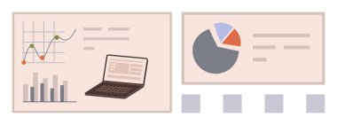 Veri eğilimlerini, analizleri ve raporları gösteren grafikler, grafikler ve dizüstü bilgisayarlar. Analiz, piyasa araştırması, sunumlar iş planlama eğitimi stratejisi ve iletişim için ideal. Basit düz