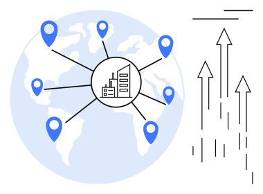 Mavi lokasyon iğneleri dünya haritası üzerinde küresel erişimi ve bağlantıları temsil eden merkezi bir şirket simgesine bağlı. Yan taraftaki büyüyen oklar ilerlemeyi ve ölçeklenebilirliği gösteriyor. Genel için ideal