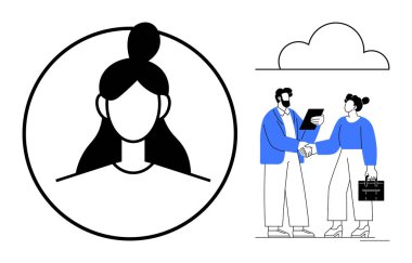 Dairesel çerçeveli kadın avatar, bulut altında evrak ve evrak çantasıyla el sıkışıyor. Takım çalışması, iletişim, dijital kimlik, ağ, kariyer, iş, teknoloji için ideal