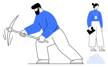 Adam özenle bir maden kazmasıyla çalışıyor, kadın da dosya ile denetliyor. Takım çalışması, iş gücü, yönetim, madencilik, iş gücü, verimlilik ve denetim konuları için ideal. Temiz daire