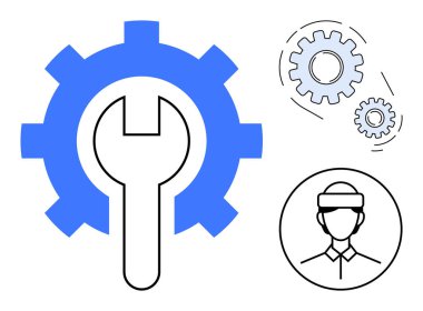 Bir dişlinin içini aç, daha küçük vitesler hareket halinde, ve miğferli işçi simgesi. Takım çalışması, endüstri, mühendislik, üretkenlik, teknik servis işgücü mekanik süreçleri için idealdir. Basit düz