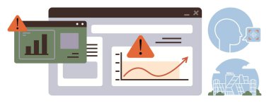 Analitik gösterge paneli, grafikler, uyarı işaretleri, insan profili, yüz tanıma ve akıllı şehir konsepti. Siber güvenlik, veri gizliliği, yapay zeka, iş teknolojisi görsel izleme için ideal
