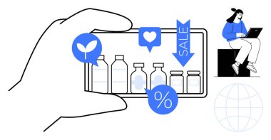 El ele tutuşan akıllı telefon indirimli etiketli şişeler, çevre dostu ve satış ikonları, dizüstü bilgisayar kullanan kadın. E-ticaret, sürdürülebilirlik, pazarlama, mobil uygulamalar, alışveriş, indirimler için ideal