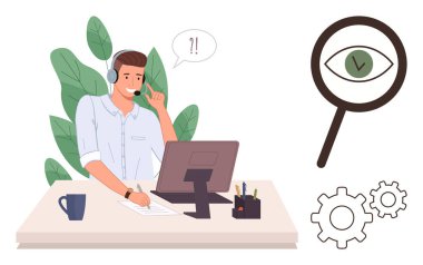 Masadaki adam kulaklık takıyor, kahve fincanı, bitkiler, gözlüklü büyüteç ve dişlilerle bilgisayarda çalışıyor. İletişim, üretkenlik, takım çalışması, müşteri hizmetleri odak yönetimi için ideal