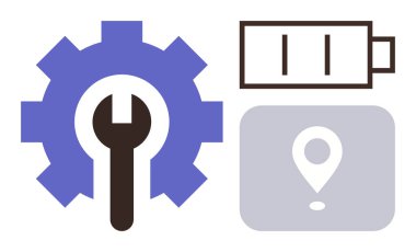 Bakım için vites ve ingiliz anahtarı, enerjiyi gösteren batarya ve navigasyon için konum belirleyici. Onarım, enerji, optimizasyon, mekanik, lojistik teknoloji yeniliği için ideal. Basit düz
