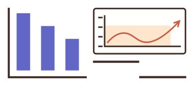 Yukarı doğru büyüyen bir çizgi çizelgesinin yanında üç mavi çizgili çubuk grafiği. İş analizi, mali eğilimler, istatistik sunumu, piyasa araştırması, veri izleme, büyüme süreci için ideal