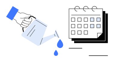 Yetiştirme, geliştirme ve zaman yönetimini sembolize eden bir takvimin üzerine su dökmek. Büyüme, planlama, üretkenlik, zamanlama, yatırım hedefi sade düz metafor belirlemek için ideal