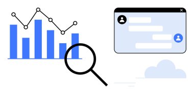 Büyüteç, mesaj arayüzü ve bulutlu çizgi grafiği. Analiz, takım çalışması, veri yönetimi, UI tasarımı, işbirliği, eğitim ve basit iniş sayfası için ideal