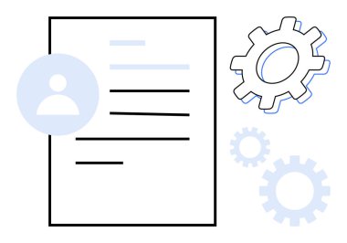 Metni, kullanıcı profili simgesini ve iç içe geçmiş dişli ögelerini temsil eden satırları içeren belge. İş akışı optimizasyonu, süreç otomasyonu, takım yönetimi, teknik sistem, üretkenlik, insan