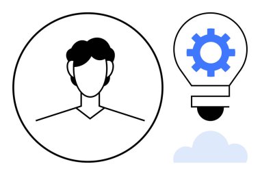 Ampulün yanında, içinde ekipman ve altta bulut olan erkek avatarı. Yaratıcı düşünme, yenilik, takım çalışması, üretkenlik, liderlik, beyin fırtınası, problem çözme için ideal. Basit düz