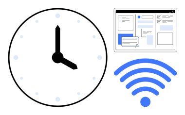 Analog saat zamanı, kablosuz bağlantı simgesi, görev yönetimini gösteren masaüstü arayüzü. Üretkenlik, zaman yönetimi, dijital iş akışı, çevrimiçi görevler, zamanlama, bağlantı için ideal