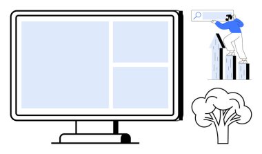 Web tasarımı için büyük bilgisayar ekranı, büyüme çubuğu grafiğindeki arama çubuğuyla etkileşen adam, basit ağaç. SEO, analitik, dijital pazarlama, doğa teknolojisi fikirleri, arama eğilimleri, kullanıcı davranışı için ideal