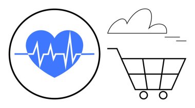 Bir alışveriş arabası ve bulutun yanındaki çemberin içinde kalp atışı çizgisi olan mavi kalp. Sağlık izleme, e-ticaret, teletıp, dijital hizmetler, teknoloji, çevrimiçi alışveriş, basit daire