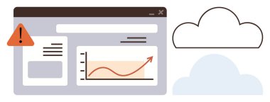 Uyarı simgesine sahip tarayıcı penceresi, yükselen grafikler ve veri depolama ve sistem güncellemelerini simgeleyen bulut şekilleri. Teknoloji, veri izleme, bulut hesaplama, sistem alarmı için ideal
