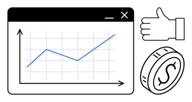 Tarayıcı penceresinde yükselen trend, bozuk para ve onaylı büyüme tablosu. Finans, analitik, girişim büyümesi, başarı, yatırımlar, pozitiflik için idealdir. Basit iniş sayfası