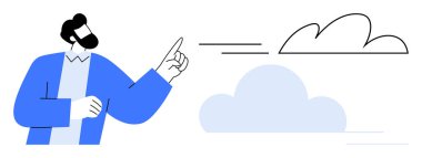 Mavi ceketli sakallı adam bulutu işaret ederek dijital yeniliği, takım çalışmasını, iletişimi, teknolojiyi, yaratıcılığı, bulut hesaplamasını ve ağ oluşturmayı temsil ediyor. Basit düz metafor için ideal