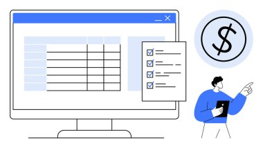 Hesap tablosu, kontrol listesi ve dolar işareti olan bilgisayar ekranı. Profesyonel finansal görevleri analiz etmek. Finans, bütçe, planlama, analiz, üretkenlik projesi yönetimi için ideal basit düz