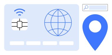 Çip ve kablosuz sembollü kredi kartı, küresel ağ için dünya, yer belirleme pimi ve arama çubuğu. Dijital ödeme, izleme, küresel ticaret, navigasyon, arama araçları teknolojisi için ideal