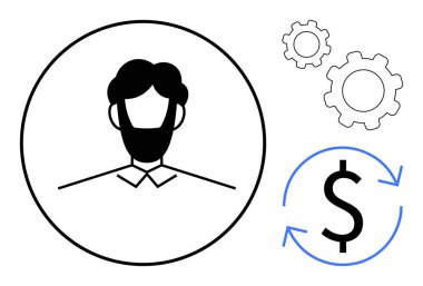 Çemberin içinde erkek portresi ve oklarla dolar işareti. İşlem, yönetim ve finans öneriyor. İş akışı, liderlik, ekonomi, iş planı, takım çalışması otomasyonu için ideal basit