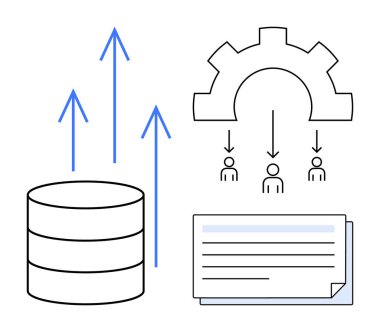 Veritabanında yukarı doğru oklar, veri aktarımı simgeleri ve belge yığını. Veri yönetimi, takım çalışması, süreç verimliliği, otomasyon, dijital dönüşüm, bilişim sistemleri için ideal