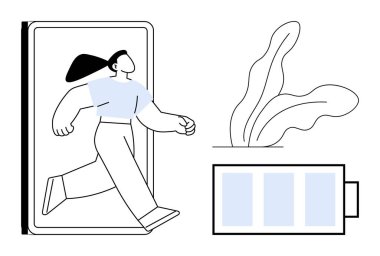 Kadın akıllı telefondan taşınıp fişi çekmeyi ve dengeyi sembolize ediyor. Yakın yapraklar doğayı iletir ve tam pil de canlılığı temsil eder. Sağlık, bağlantı, sürdürülebilirlik, farkındalık için ideal