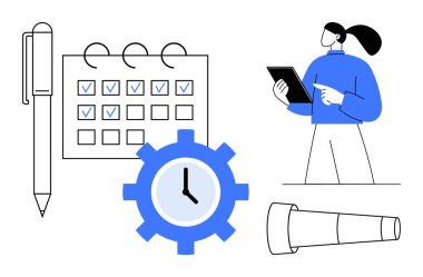 Kutulu takvim, saatli teçhizat tablet, kalem ve teleskop tutan kadın. Planlama, organizasyon, verimlilik, hedef izleme stratejisi için ideal basit bir iniş sayfası