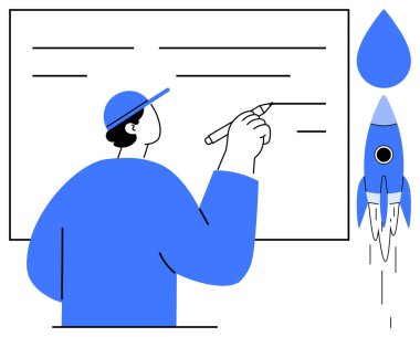 Sıradan giyinmiş biri, fırlatma roketinin yanındaki beyaz tahtaya fikirler çizer. Yenilikçilik, girişim planlaması, yaratıcılık, problem çözme, takım çalışması, eğitim ve gelecekçi düşünce için idealdir. A