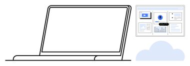 Yüzen bulut ve ekranın yanında grafik, video ve grafiklerle birlikte dizüstü bilgisayarı aç. Uzaktan çalışma, veri analizi, bulut hesaplama, yazılım araçları, dijital strateji iletişimi için ideal. Düz