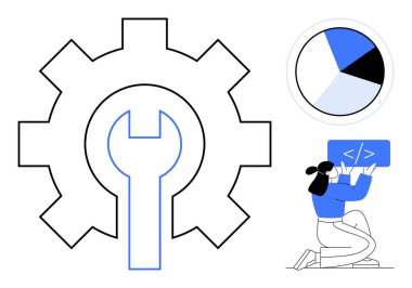 İngiliz anahtarı olan dişli, mühendislik, pasta grafiği veri içgörüleri, kadın kodlama, önemli takım çalışmalarını ve programlamayı gösteriyor. Teknoloji, veri, strateji, takım çalışması, yenilik ve basit iniş için ideal