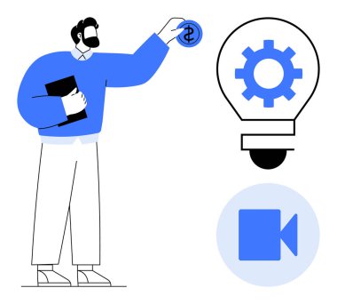 Adam dizüstü bilgisayarını tutuyor ve ampulün içine para yerleştiriyor. Yaratıcı fikirleri, yatırımları, stratejileri ve teknolojiyi gösteriyor. İş, finans, yenilik ve pazarlama için ideal