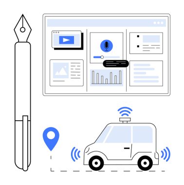 Çizelgeleri, medyayı ve ses kontrollerini gösteren akıllı gösterge panelinin yanındaki kalem. Otomatik çalışan, sinyal veren, harita broşlu bir araba. Teknoloji, yenilik, navigasyon, veri analizi otomasyonu için idealdir.
